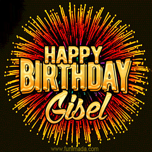 Golden 'Happy Birthday Gisel' text accompanied by animated rainbow fireworks for a festive animated greeting.