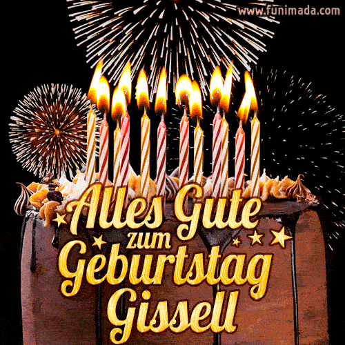 A chocolate birthday cake with glowing candles, the German text 'Alles Gute zum Geburtstag Gissell,' and vibrant fireworks lighting up the background in an animated GIF.