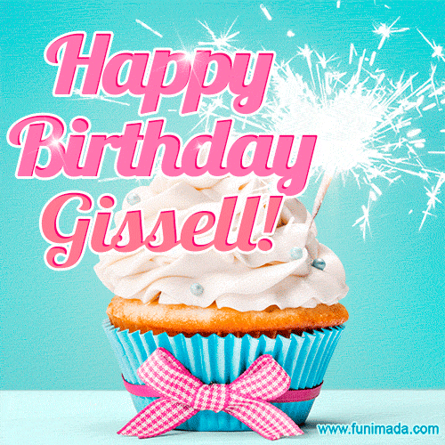 A festive cupcake with pink icing, a gingham bow, and a lit animated sparkler, paired with 'Happy Birthday Gissell!' in bright pink text.