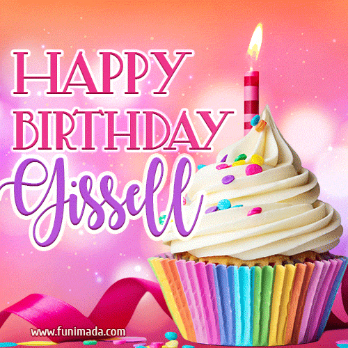 A vibrant birthday GIF featuring a rainbow-colored cupcake topped with white frosting, sprinkles, and a lit candle. The text reads 'Happy Birthday Gissell' in bold pink and violet letters with white outline.