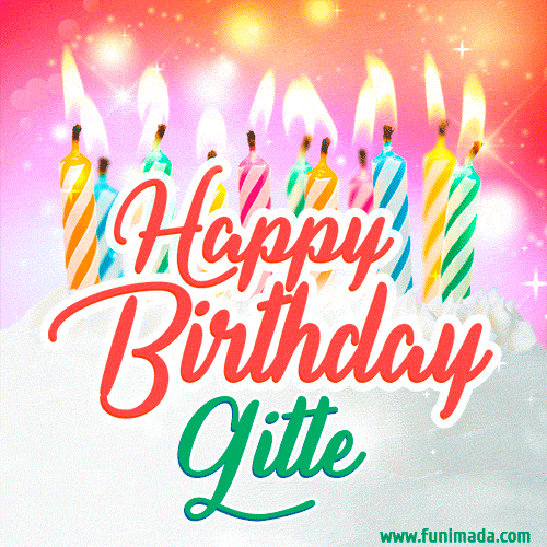 Bright birthday candles with rainbow flames on a cake, alongside the text 'Happy Birthday Gitte' in vibrant script in this celebratory animated GIF.