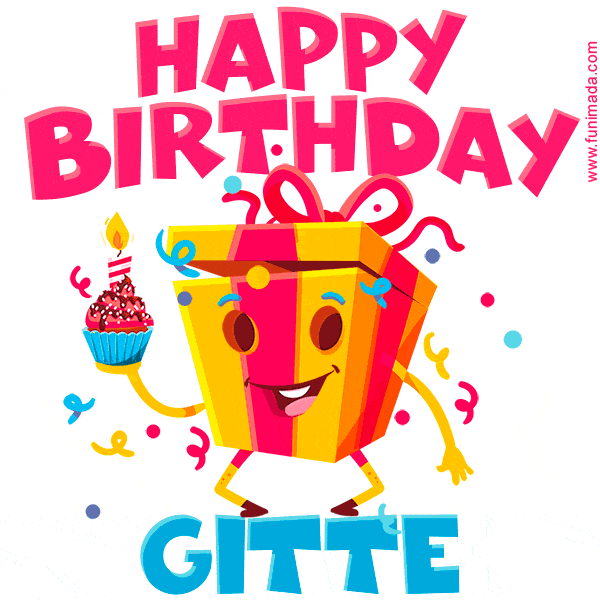 A vibrant and funny gift box character with a happy face dancing with a cupcake and the text 'Happy Birthday Gitte,' surrounded by animated confetti and party vibes.