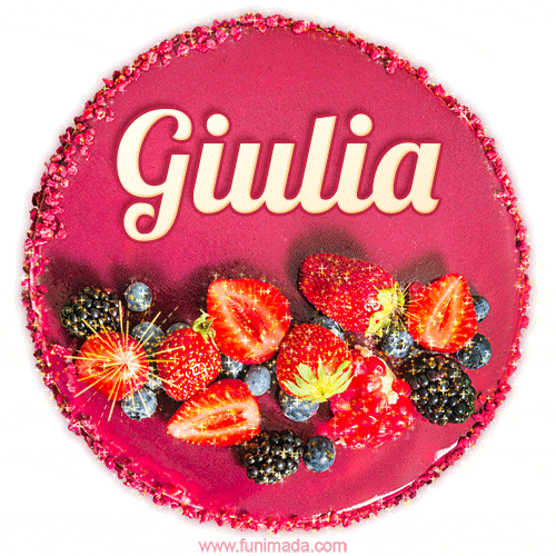 Beautifully decorated red velvet berry birthday cake with vibrant fruits and a glowing 'Giulia' name, adding a touch of sweetness and sparkle.