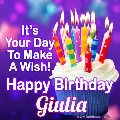 A colorful birthday GIF for Giulia featuring a cupcake with vibrant lit candles and the text 'It's Your Day to Make a Wish! Happy Birthday Giulia' in bold letters on a festive purple background.