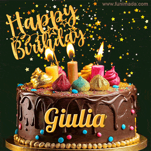 A delightful chocolate birthday cake with bright candles and 'Happy Birthday Giulia' written in gold amidst a shower of animated stars.