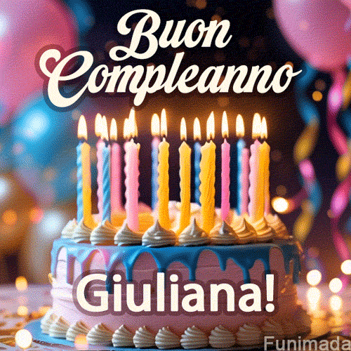 Birthday cake topped with pink and yellow lit candles, surrounded by glowing bokeh lights and party balloons. The greeting 'Buon Compleanno Giuliana GIF!' is displayed.