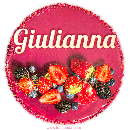 Beautifully decorated red velvet berry birthday cake with vibrant fruits and a glowing 'Giulianna' name, adding a touch of sweetness and sparkle.