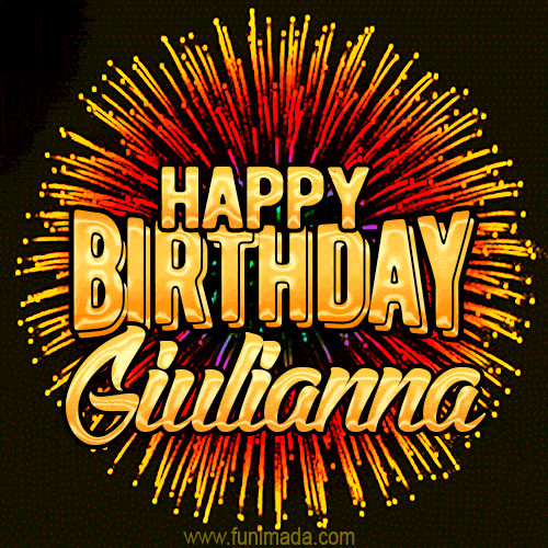 Golden 'Happy Birthday Giulianna' text accompanied by animated rainbow fireworks for a festive animated greeting.