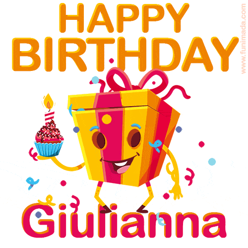 A vibrant and funny gift box character with a happy face dancing with a cupcake and the text 'Happy Birthday Giulianna,' surrounded by animated confetti and party vibes.