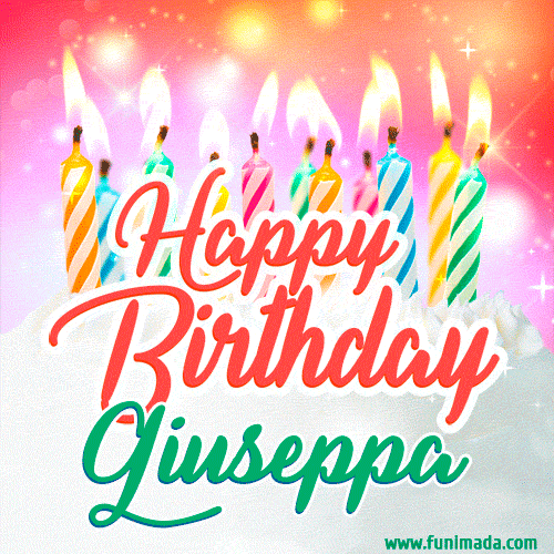 Bright birthday candles with rainbow flames on a cake, alongside the text 'Happy Birthday Giuseppa' in vibrant script in this celebratory animated GIF.