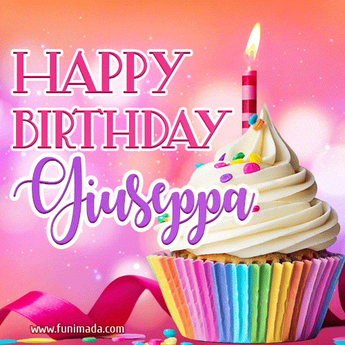 A vibrant birthday GIF featuring a rainbow-colored cupcake topped with white frosting, sprinkles, and a lit candle. The text reads 'Happy Birthday Giuseppa' in bold pink and violet letters with white outline.