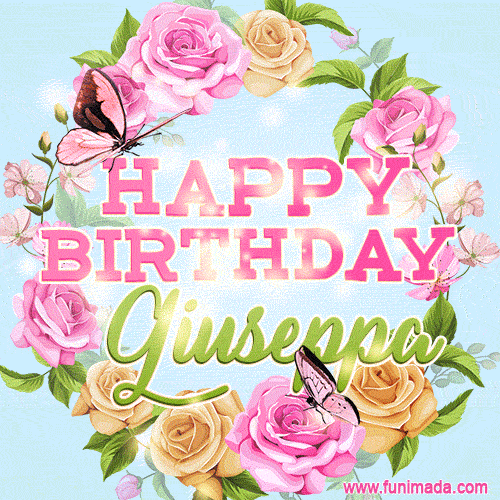 A charming animated GIF featuring 'Happy Birthday Giuseppa' in pink and green text, surrounded by delicate roses, leaves, and fluttering butterflies on a soft light blue pastel background.