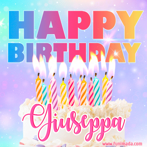 A vibrant animated name GIF with the words 'Happy Birthday Giuseppa' with colorful candles on a creamy cake. The background sparkles with pastel shades, adding a festive touch.