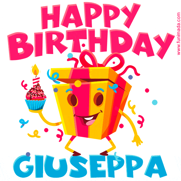 A vibrant and funny gift box character with a happy face dancing with a cupcake and the text 'Happy Birthday Giuseppa,' surrounded by animated confetti and party vibes.