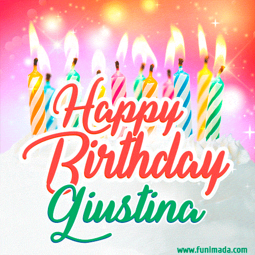 Bright birthday candles with rainbow flames on a cake, alongside the text 'Happy Birthday Giustina' in vibrant script in this celebratory animated GIF.