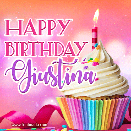 A vibrant birthday GIF featuring a rainbow-colored cupcake topped with white frosting, sprinkles, and a lit candle. The text reads 'Happy Birthday Giustina' in bold pink and violet letters with white outline.