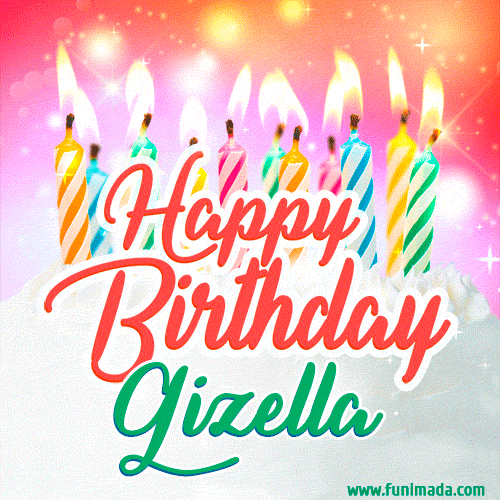 Bright birthday candles with rainbow flames on a cake, alongside the text 'Happy Birthday Gizella' in vibrant script in this celebratory animated GIF.
