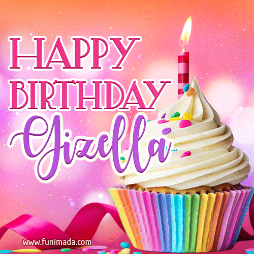 A vibrant birthday GIF featuring a rainbow-colored cupcake topped with white frosting, sprinkles, and a lit candle. The text reads 'Happy Birthday Gizella' in bold pink and violet letters with white outline.