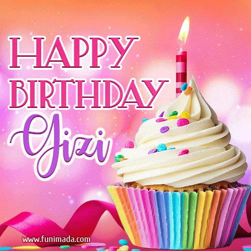 A vibrant birthday GIF featuring a rainbow-colored cupcake topped with white frosting, sprinkles, and a lit candle. The text reads 'Happy Birthday Gizi' in bold pink and violet letters with white outline.