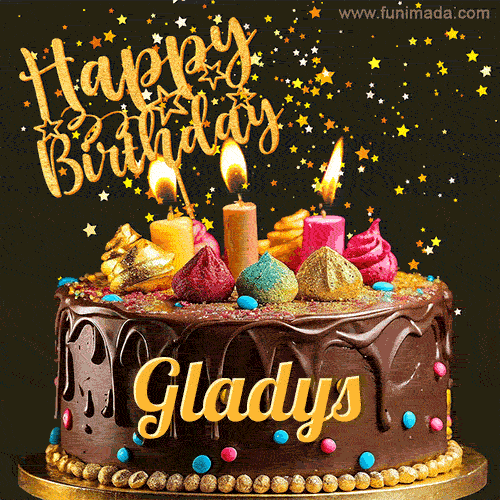 A delightful chocolate birthday cake with bright candles and 'Happy Birthday Gladys' written in gold amidst a shower of animated stars.