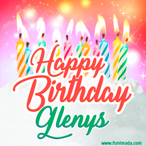 Bright birthday candles with rainbow flames on a cake, alongside the text 'Happy Birthday Glenys' in vibrant script in this celebratory animated GIF.