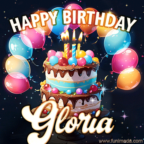Bright birthday animation for Gloria with a chocolate cake, candles, balloons, and glowing celebratory lights.