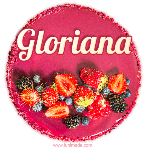 Beautifully decorated red velvet berry birthday cake with vibrant fruits and a glowing 'Gloriana' name, adding a touch of sweetness and sparkle.