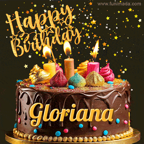 A delightful chocolate birthday cake with bright candles and 'Happy Birthday Gloriana' written in gold amidst a shower of animated stars.