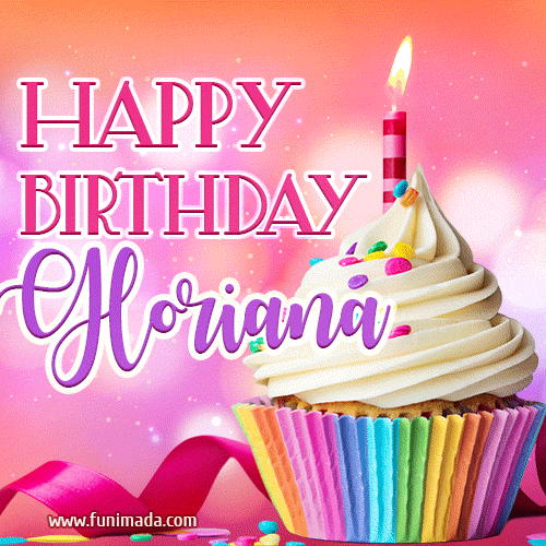 A vibrant birthday GIF featuring a rainbow-colored cupcake topped with white frosting, sprinkles, and a lit candle. The text reads 'Happy Birthday Gloriana' in bold pink and violet letters with white outline.