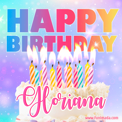 A vibrant animated name GIF with the words 'Happy Birthday Gloriana' with colorful candles on a creamy cake. The background sparkles with pastel shades, adding a festive touch.