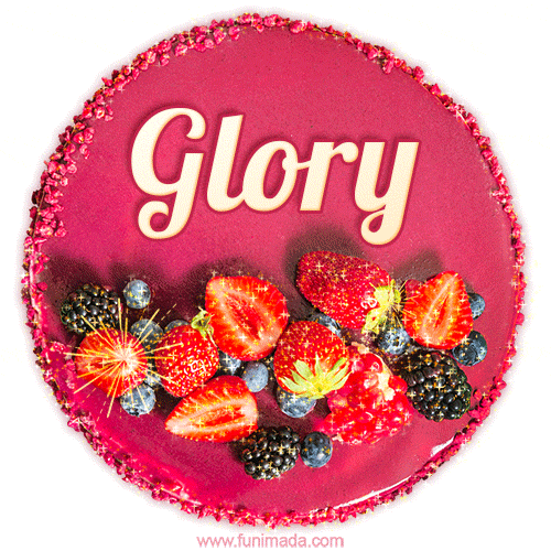 Beautifully decorated red velvet berry birthday cake with vibrant fruits and a glowing 'Glory' name, adding a touch of sweetness and sparkle.