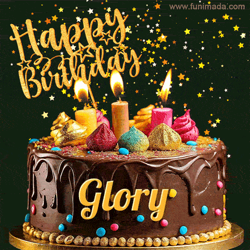 A delightful chocolate birthday cake with bright candles and 'Happy Birthday Glory' written in gold amidst a shower of animated stars.