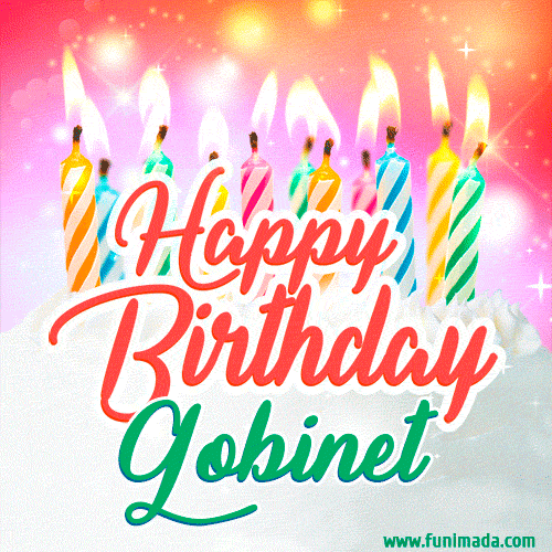 Bright birthday candles with rainbow flames on a cake, alongside the text 'Happy Birthday Gobinet' in vibrant script in this celebratory animated GIF.