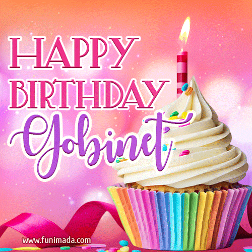 A vibrant birthday GIF featuring a rainbow-colored cupcake topped with white frosting, sprinkles, and a lit candle. The text reads 'Happy Birthday Gobinet' in bold pink and violet letters with white outline.