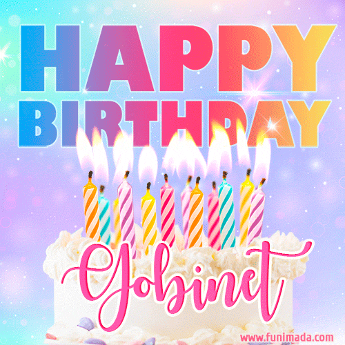 A vibrant animated name GIF with the words 'Happy Birthday Gobinet' with colorful candles on a creamy cake. The background sparkles with pastel shades, adding a festive touch.