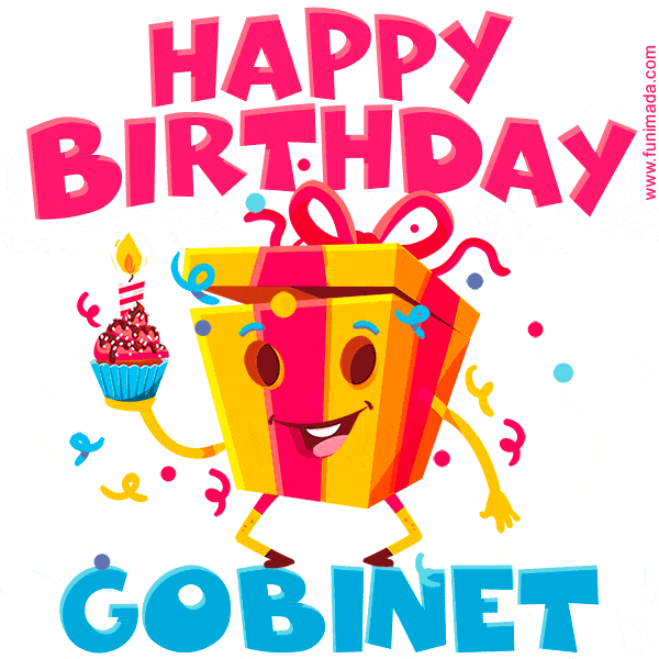 A vibrant and funny gift box character with a happy face dancing with a cupcake and the text 'Happy Birthday Gobinet,' surrounded by animated confetti and party vibes.