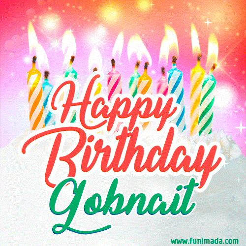 Bright birthday candles with rainbow flames on a cake, alongside the text 'Happy Birthday Gobnait' in vibrant script in this celebratory animated GIF.