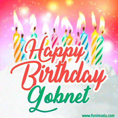 Bright birthday candles with rainbow flames on a cake, alongside the text 'Happy Birthday Gobnet' in vibrant script in this celebratory animated GIF.