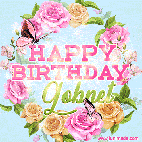 A charming animated GIF featuring 'Happy Birthday Gobnet' in pink and green text, surrounded by delicate roses, leaves, and fluttering butterflies on a soft light blue pastel background.