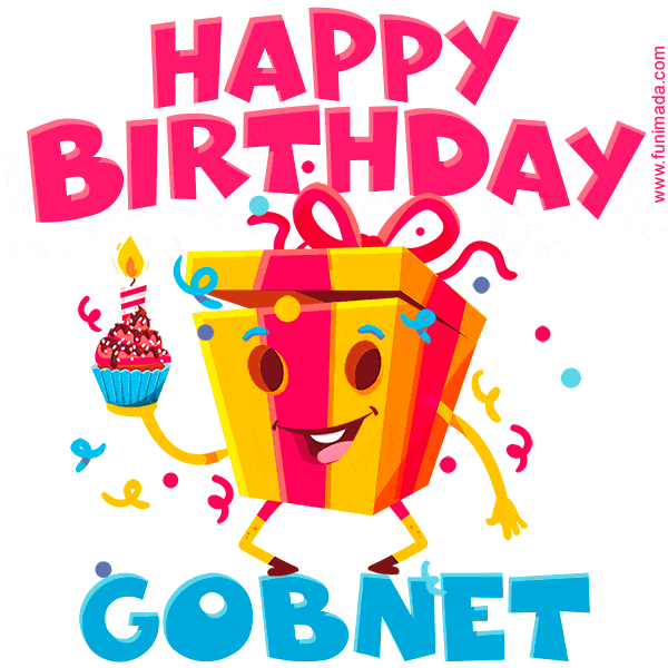 A vibrant and funny gift box character with a happy face dancing with a cupcake and the text 'Happy Birthday Gobnet,' surrounded by animated confetti and party vibes.