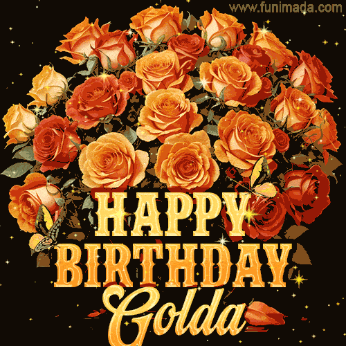 Animated bouquet of orange roses with moving butterfles and golden 'Happy Birthday Golda' text, surrounded by sparkling accents and a dark backdrop for a luxurious feel.