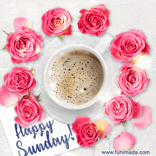 Happy Sunday GIF. Roses and a cup of morning coffee.
