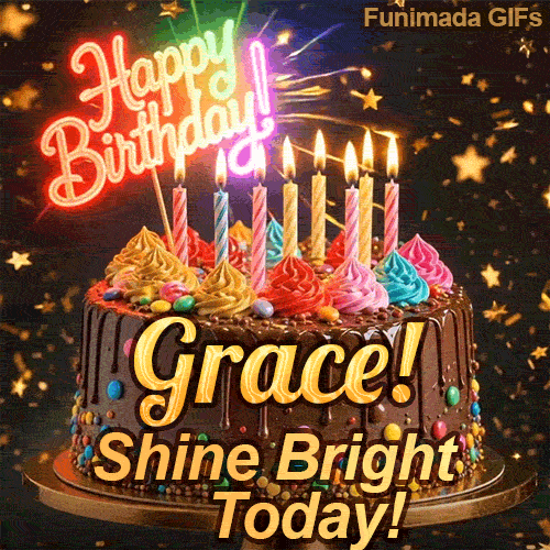 Custom birthday ecard for Grace showing a gourmet chocolate cake on a dark background with golden star sparkles.