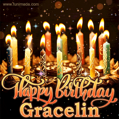 A glowing personalized birthday GIF with name Gracelin featuring lit candles with intricate designs, warm lighting, and the text 'Happy Birthday' in an elegant font.
