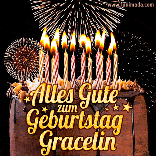 A chocolate birthday cake with glowing candles, the German text 'Alles Gute zum Geburtstag Gracelin,' and vibrant fireworks lighting up the background in an animated GIF.