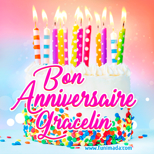 A white birthday cake covered in colorful sprinkles, topped with bright candles, and French text 'Bon Anniversaire Gracelin' on a pastel gradient background in an animated GIF.