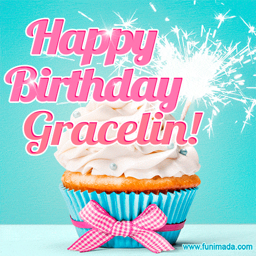 A festive cupcake with pink icing, a gingham bow, and a lit animated sparkler, paired with 'Happy Birthday Gracelin!' in bright pink text.