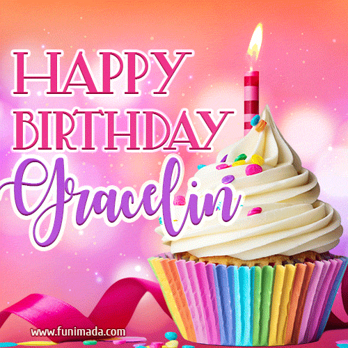 A vibrant birthday GIF featuring a rainbow-colored cupcake topped with white frosting, sprinkles, and a lit candle. The text reads 'Happy Birthday Gracelin' in bold pink and violet letters with white outline.