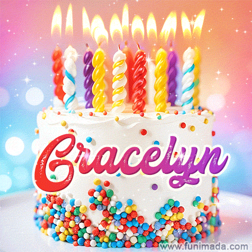 A cheerful white birthday cake with multicolor sprinkles, lit candles, and 'Gracelyn' written in vibrant letters, in an animated GIF.