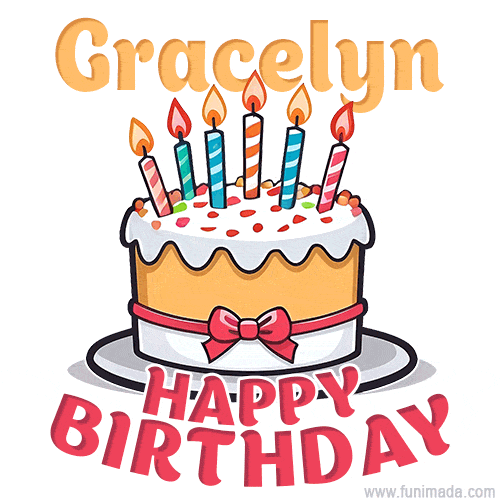 Cartoon birthday cake with a red bow, glowing candles, and 'Gracelyn Happy Birthday' text in bold animated style.